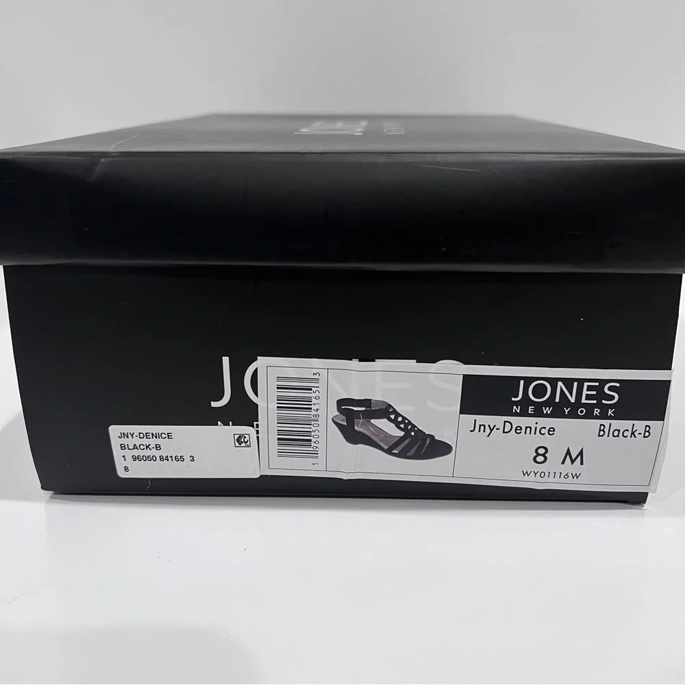 Jones New York Denice Embellished Strappy Wedge Sandal Elastic Ankle Black 8 NEW
